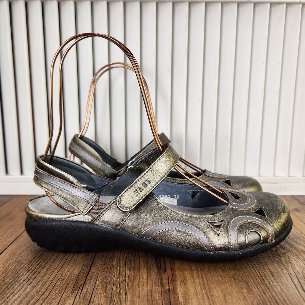 Naot Rongo Mary Jane Flats Womens Sz 8 Metallic Pewter Leather Slingback Sandals